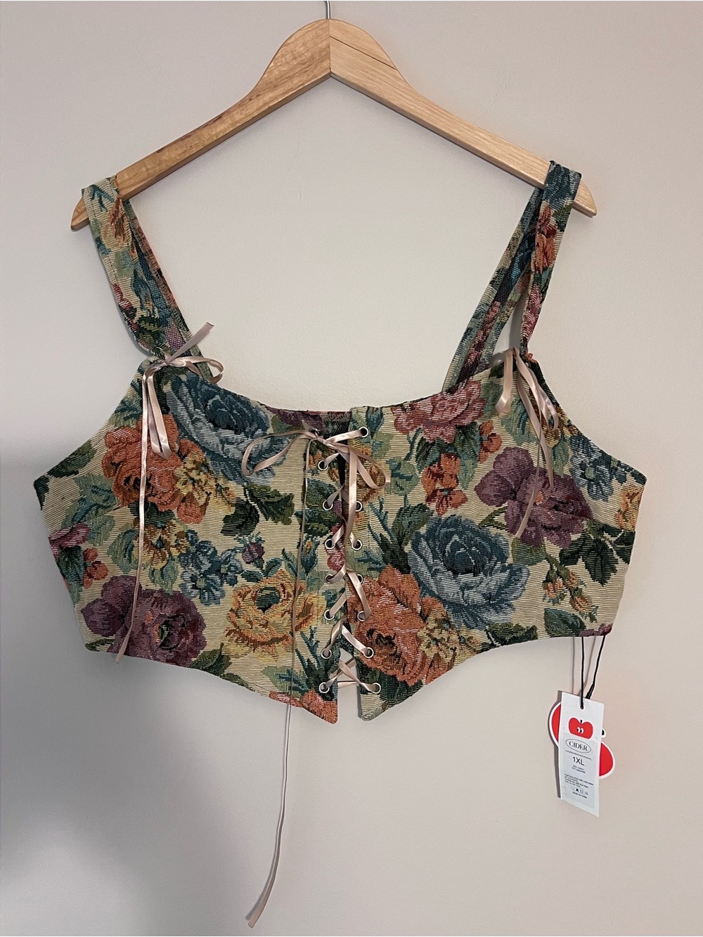Cider Floral Lace-Up Tapestry Crop Top - Beige, Green, Blue, Purple, Orange